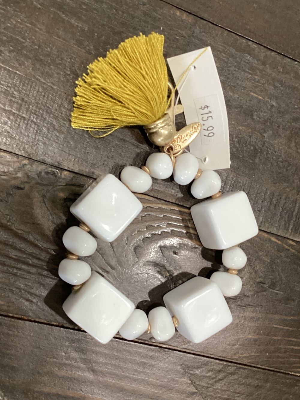 White‎ Beaded Stretch wristlet with Yellow Tassel